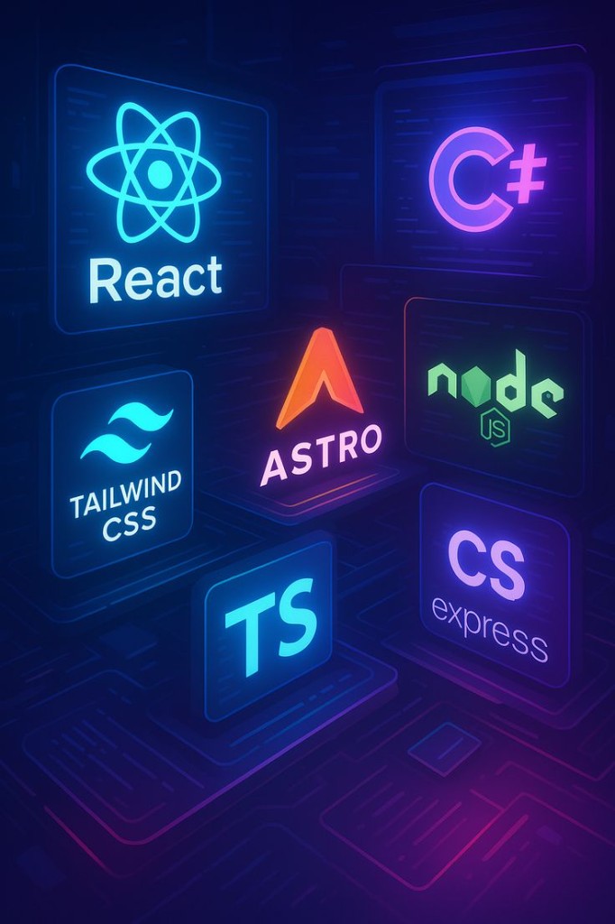 Neon tech stack logos including React, Node, TypeScript, and Tailwind