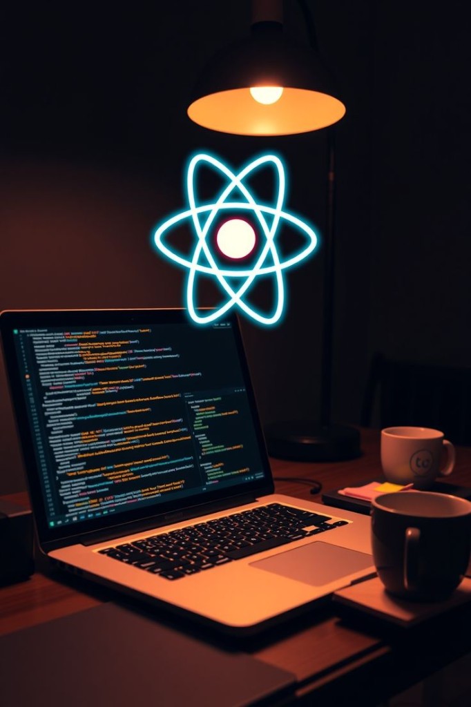 Developer workspace with laptop and glowing React logo